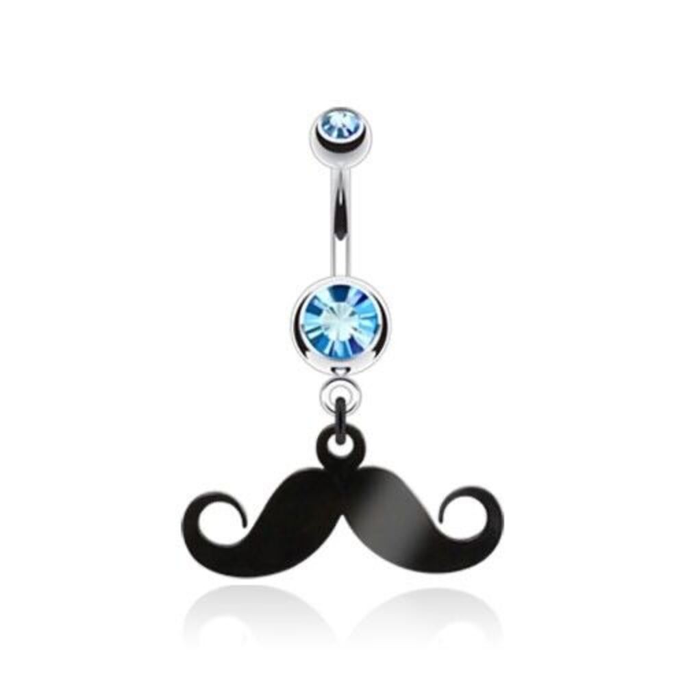 Mustache Dangle with Blue Double Cubic Zirconia Navel Ring